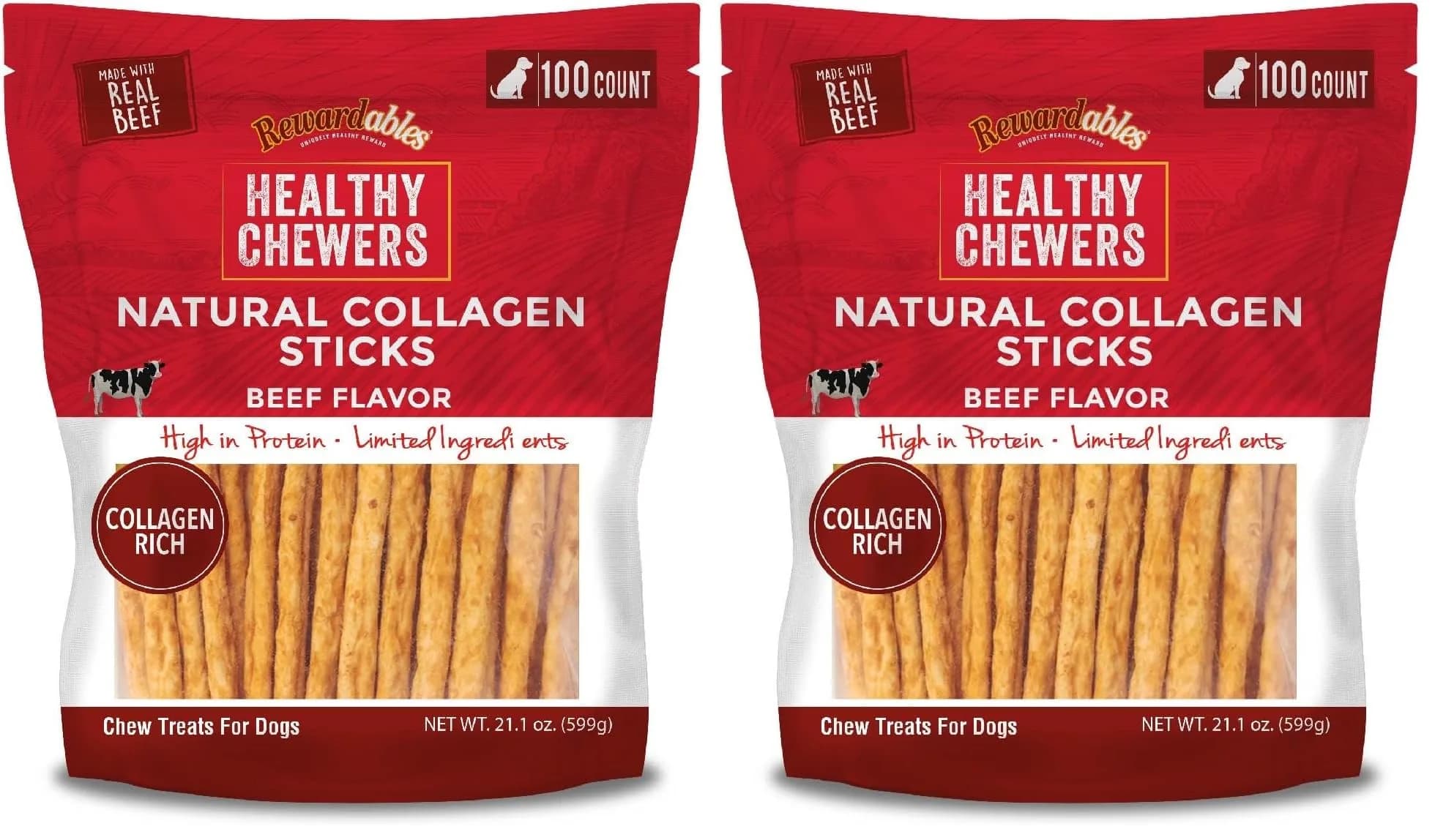 Rewardables Healthy Chewers Natural Collagen & Beef Sticks for Dogs | High Protein, Limited Ingredients, 100 Count (Pack of 2)