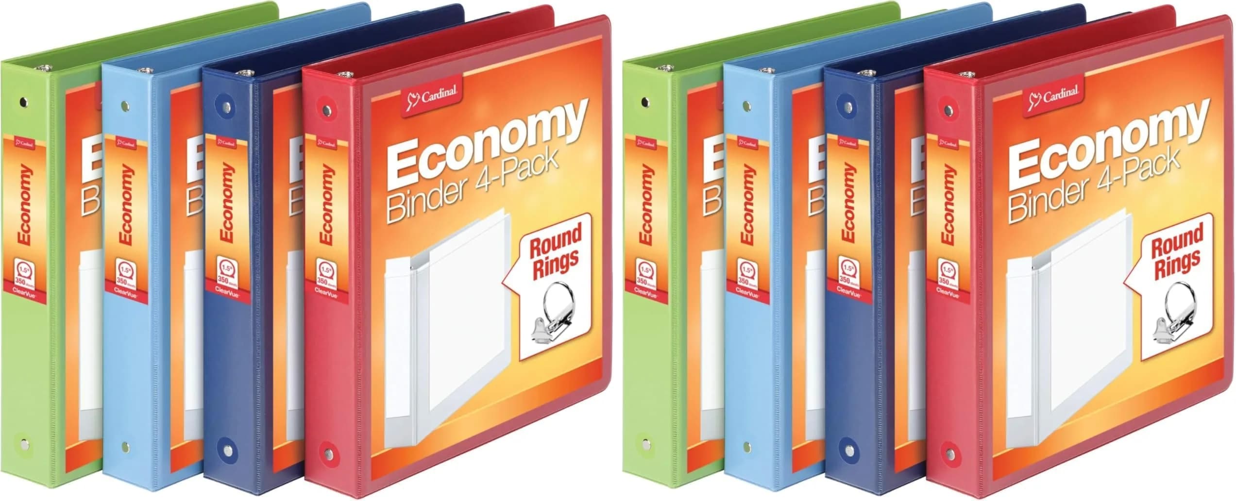 Cardinal 3 Ring Binders, Round Rings, 1.5 Inch, 350 Sheet Capacity, Pack of 8 | ClearVue Presentation View, Non-Stick, Assorted Colors — Assortment