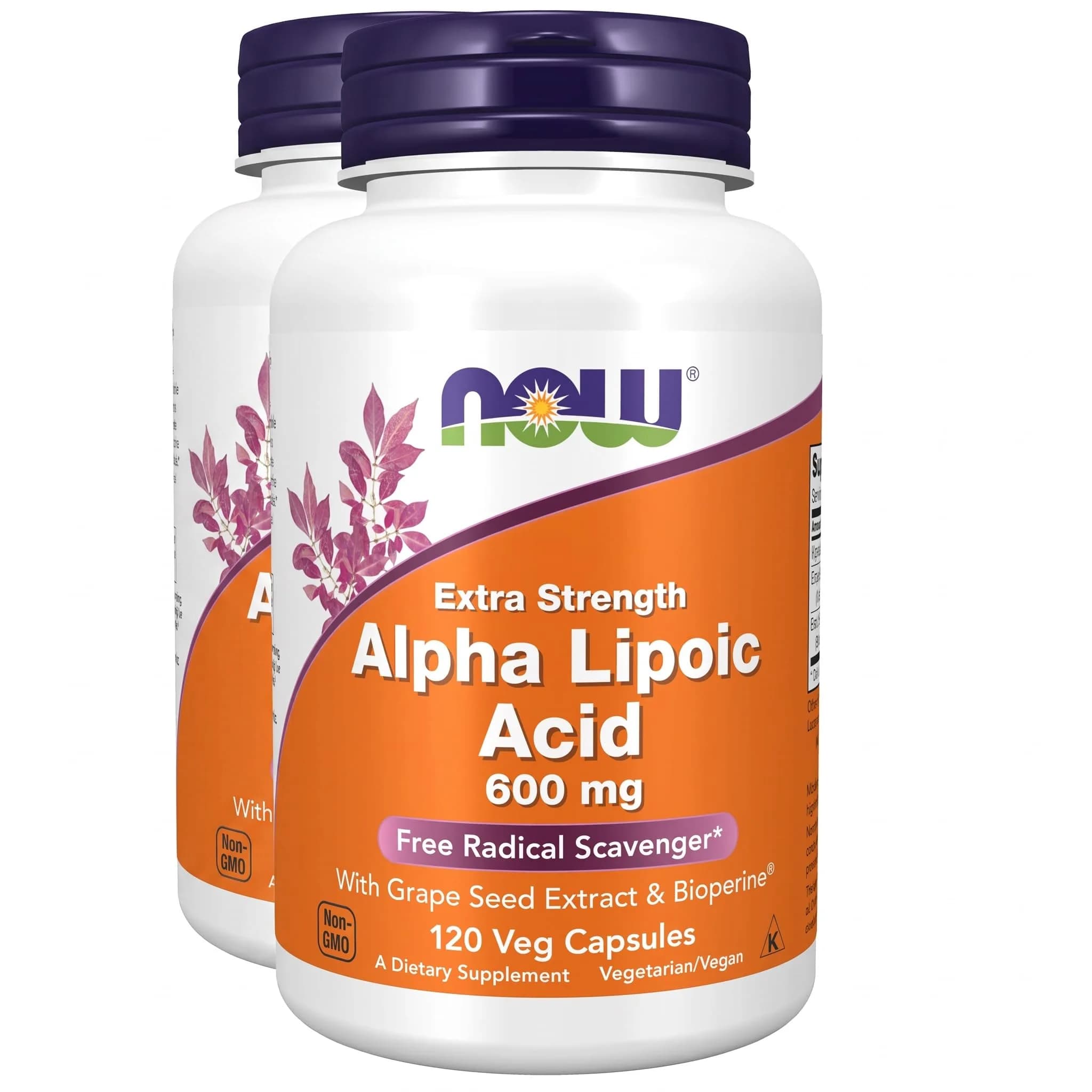 NOW Foods Alpha Lipoic Acid 600 mg with Grape Seed & Bioperine | Extra Strength, 120 Veg Capsules (Pack of 2)