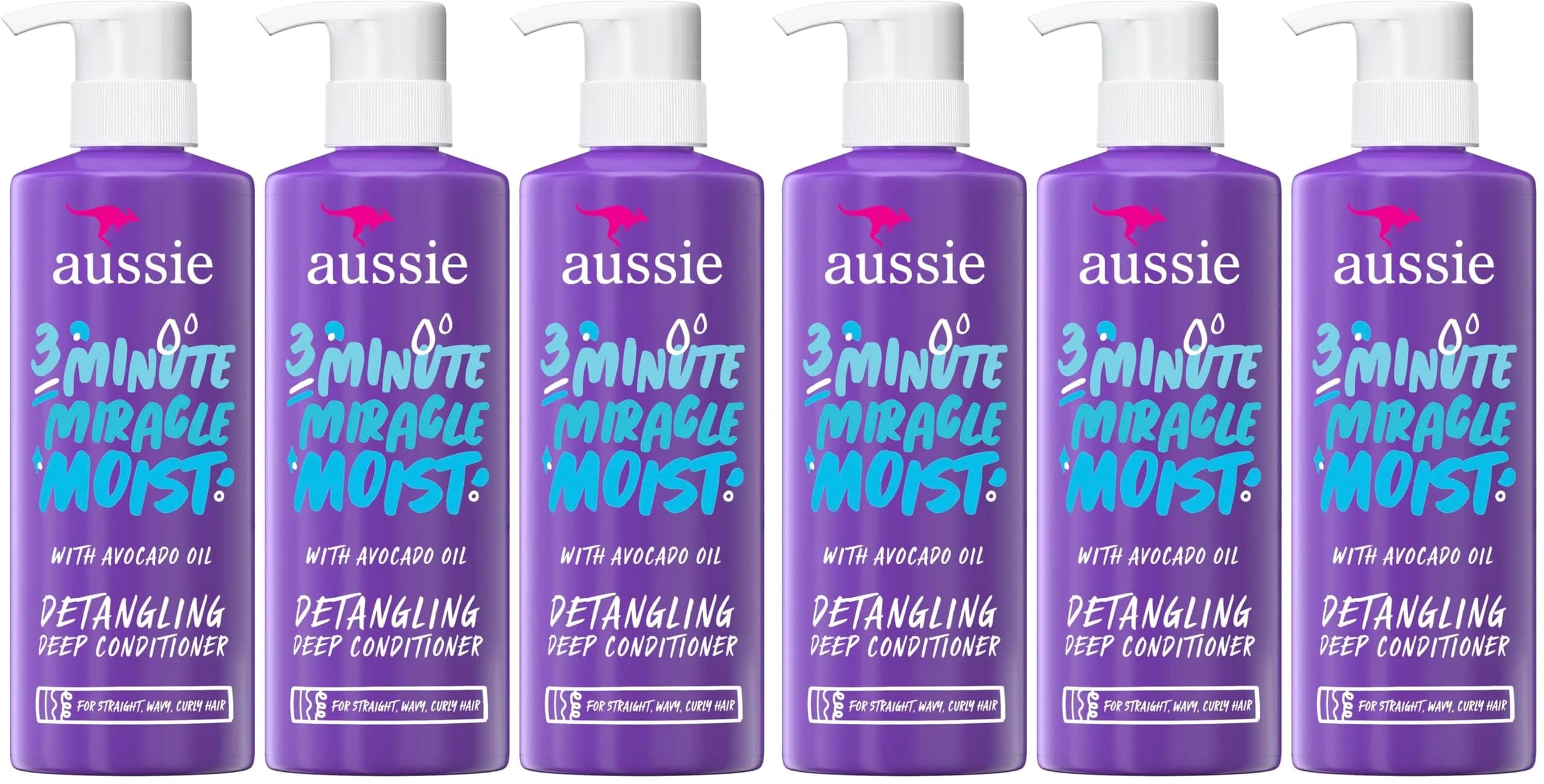 Aussie 3 Minute Miracle Moist Deep Conditioner for Dry Hair, Avocado & Jojoba Oil, 48 Fl Oz Total (Pack of 6 x 16 Fl Oz Bottles) | Hydrating & Smoothing