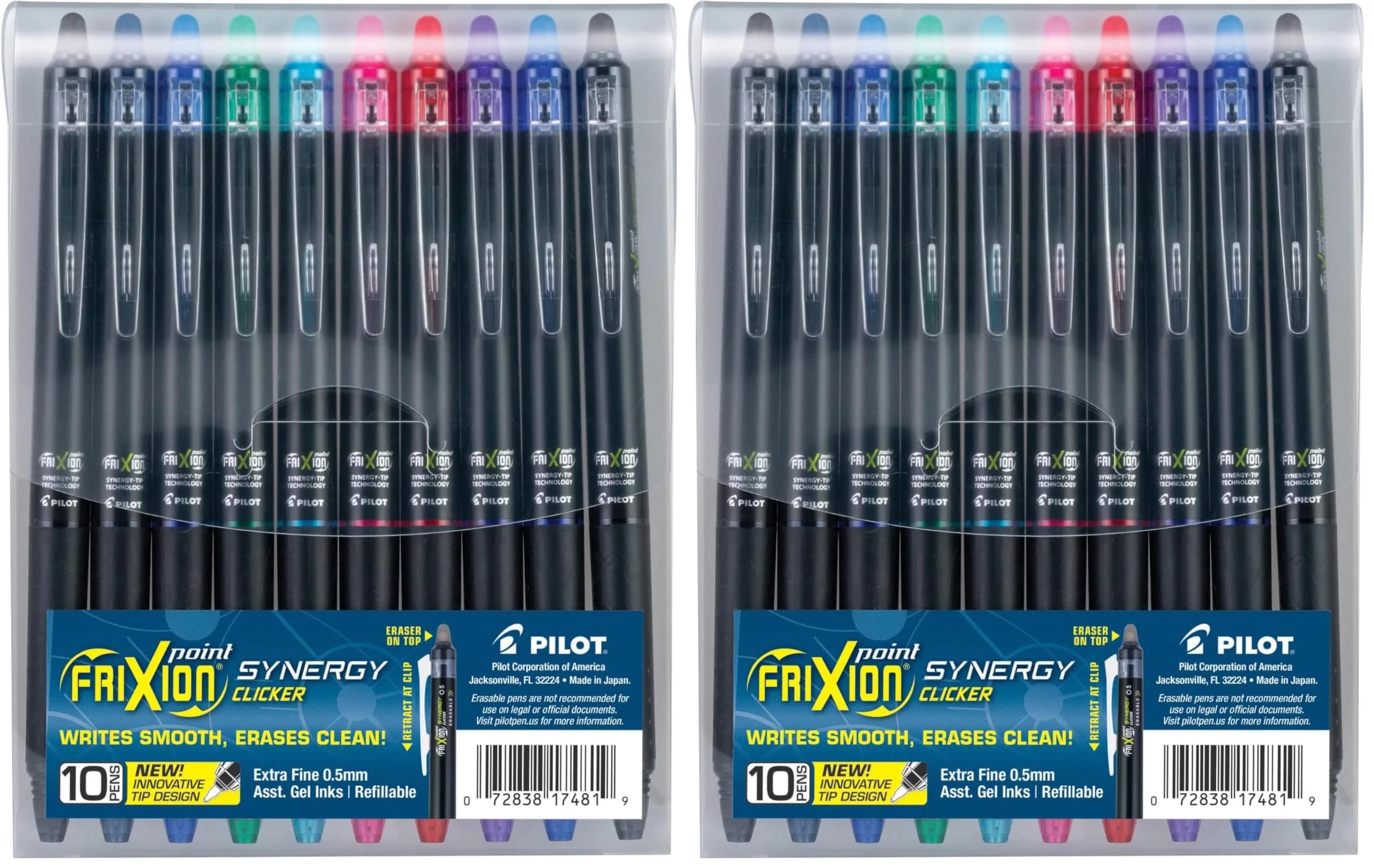 PILOT FriXion Synergy Clicker Erasable Gel Ink Pens, Extra Fine Point, 0.5mm, Assorted Ink Colors, 20 Count (Pack of 2) — Vibrant 10