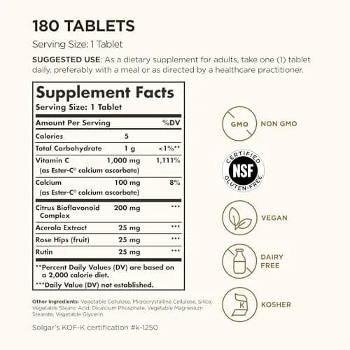 Solgar Ester-C Plus 1000 mg Vitamin C (Ascorbate Complex) 180 Tablets | Gentle & Non Acidic, Supports Immune & Respiratory Health thumbnail 2