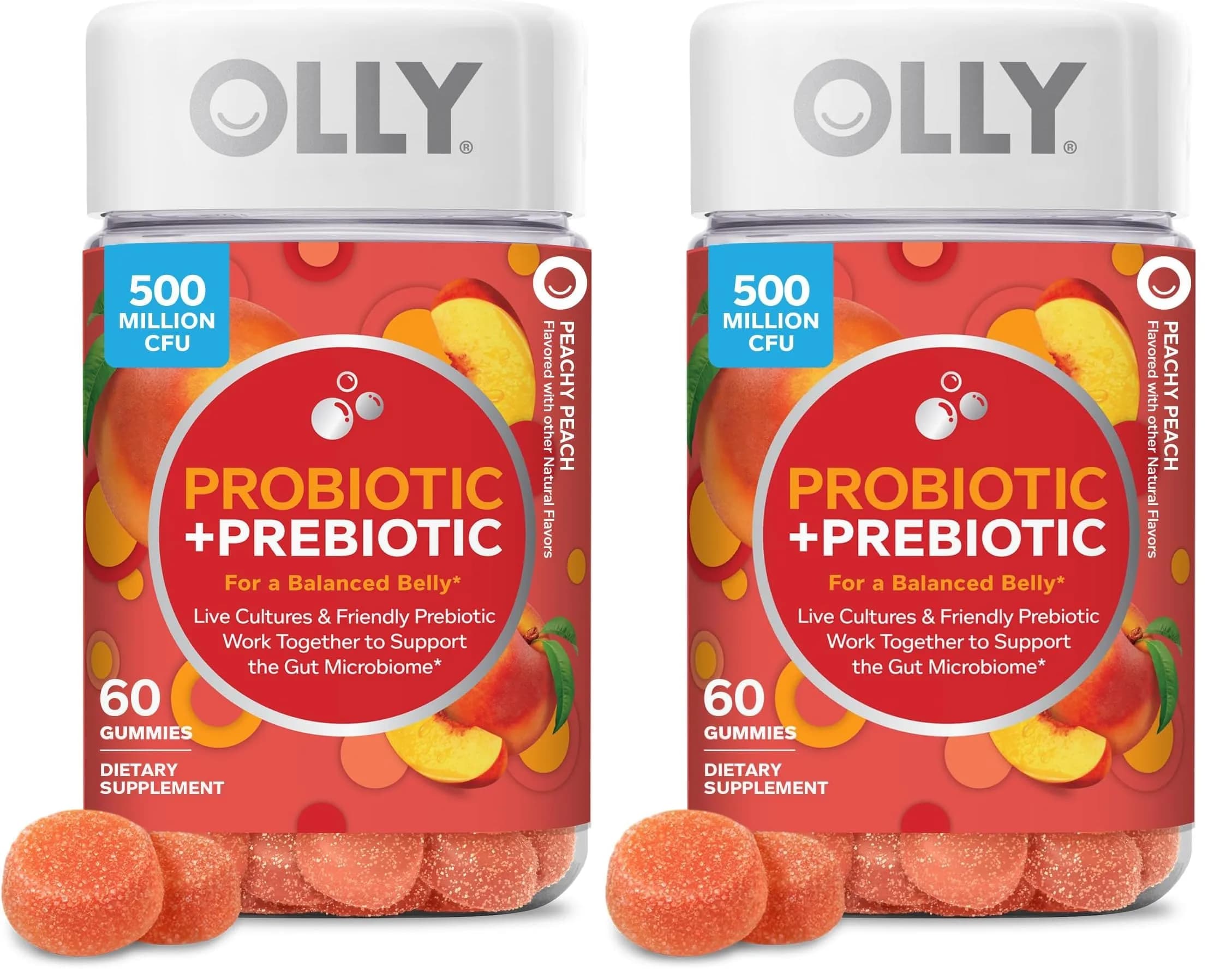 OLLY Probiotic + Prebiotic Gummy, Digestive Support, 500 Million CFUs, Fiber, Peach Flavor, 120 Count | Gut Health & Bloating Relief - main product image