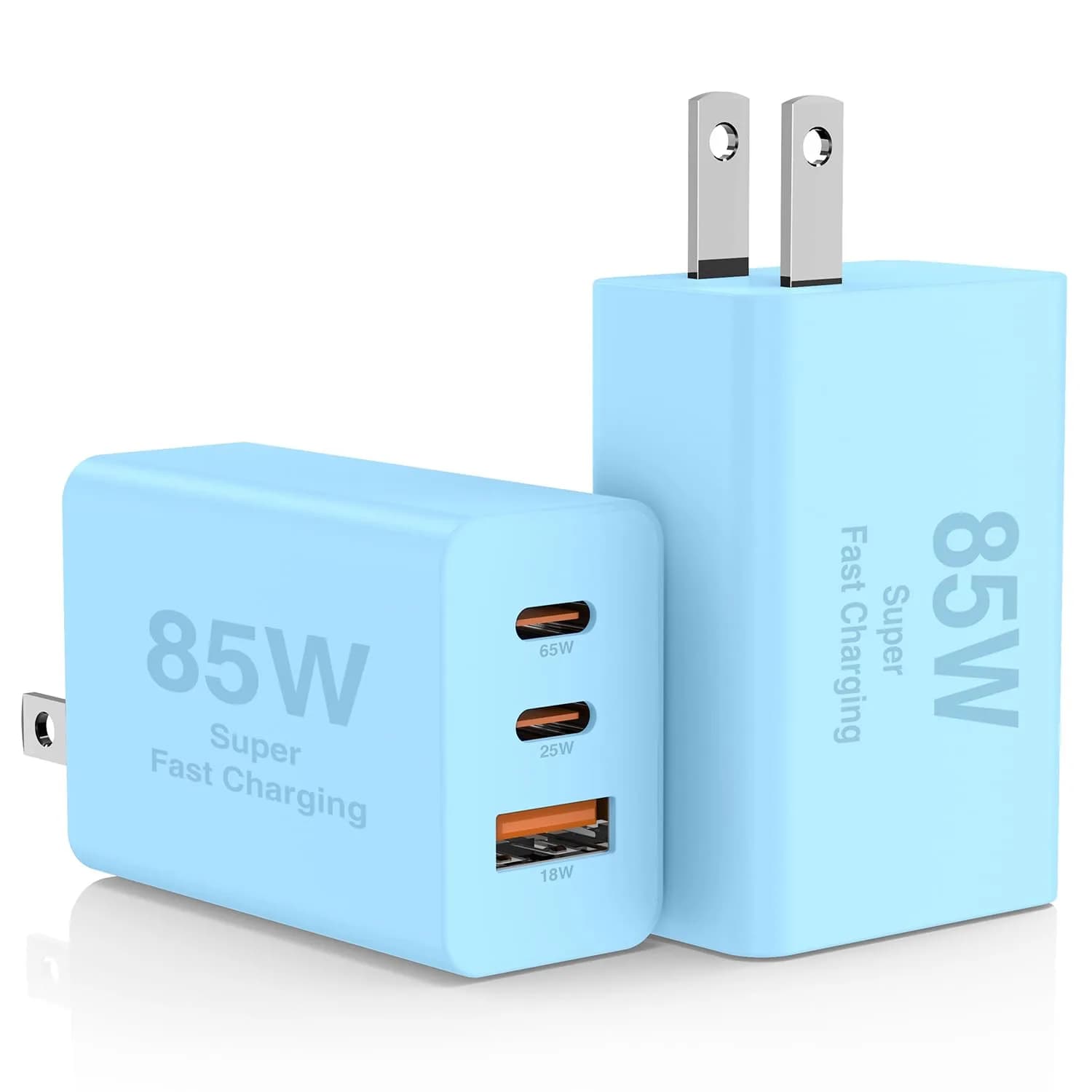Hzevn 2Pack 85W USB C Wall Charger Block with 3 Ports | Super Fast Charging for MacBook & iPhone — Blue+Blue