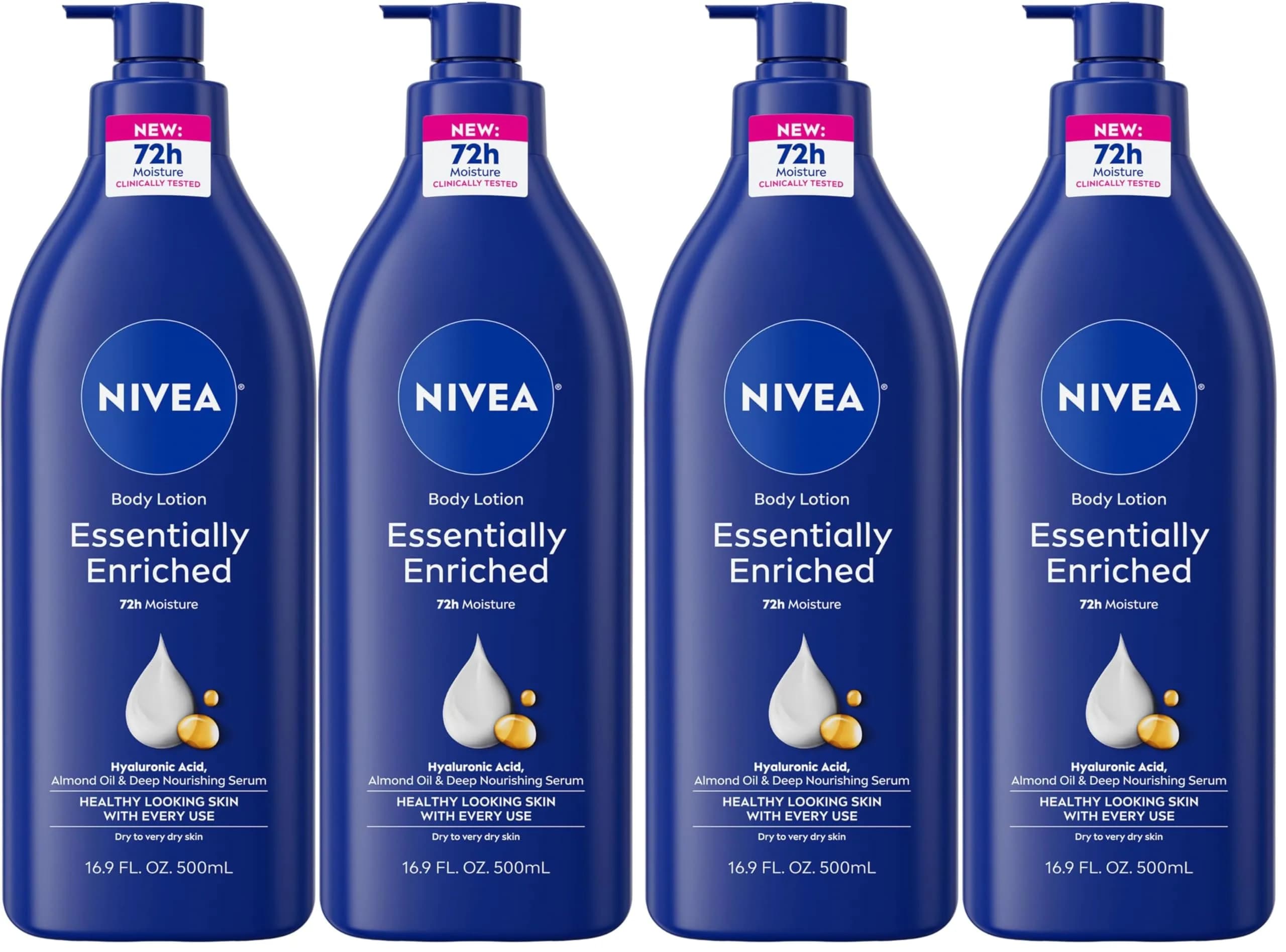 NIVEA Essentially Enriched Body Lotion for Very Dry Skin with Hyaluronic Acid, Almond Oil & Deep Nourishing Serum, 67.6 Fl Oz (Pack of 4) | 72-Hour Moisture Lock - main product image