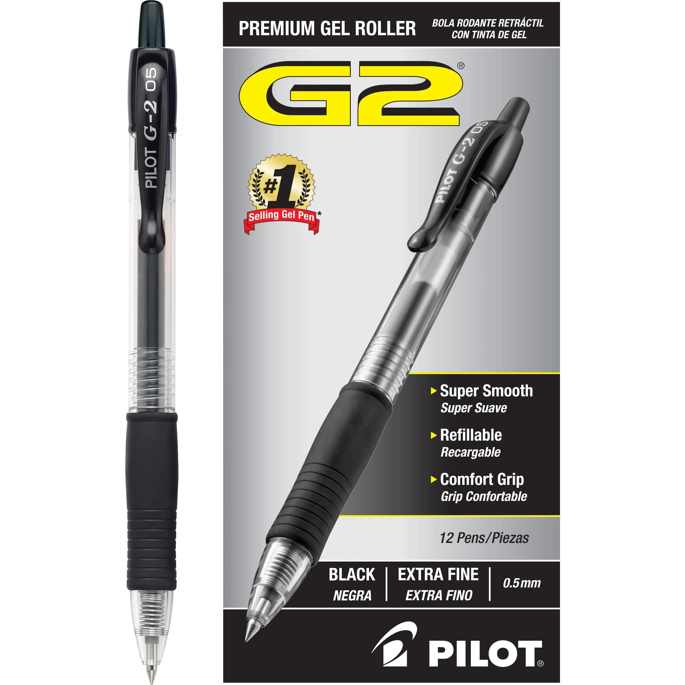 PILOT G2 Premium Gel Roller Pens, Extra Fine 0.5mm, Black Ink, Pack of 12 - view 2
