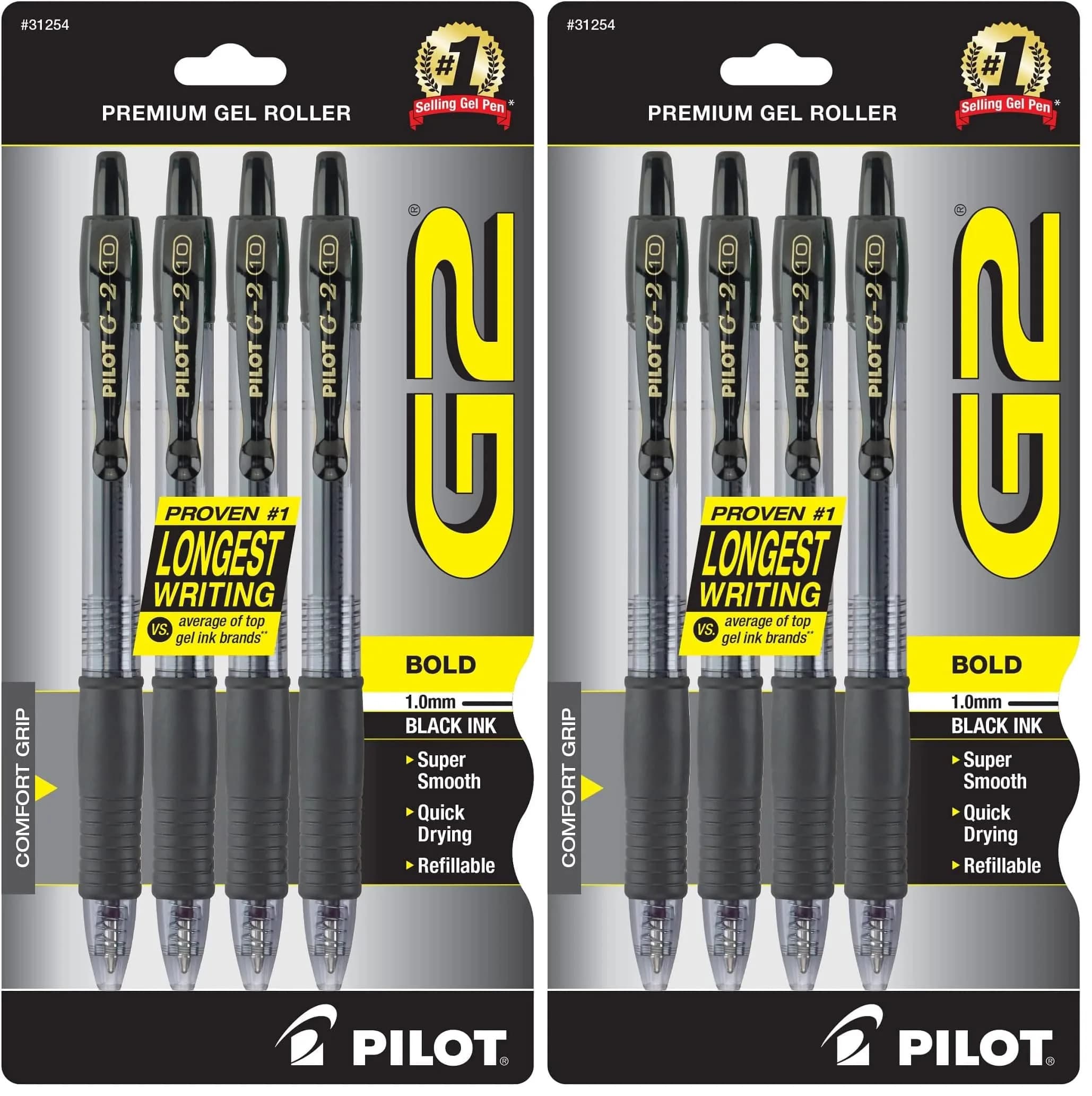 PILOT G2 Premium Refillable Gel Pens 4 Pack | Bold Point, Black Ink, 1.0mm