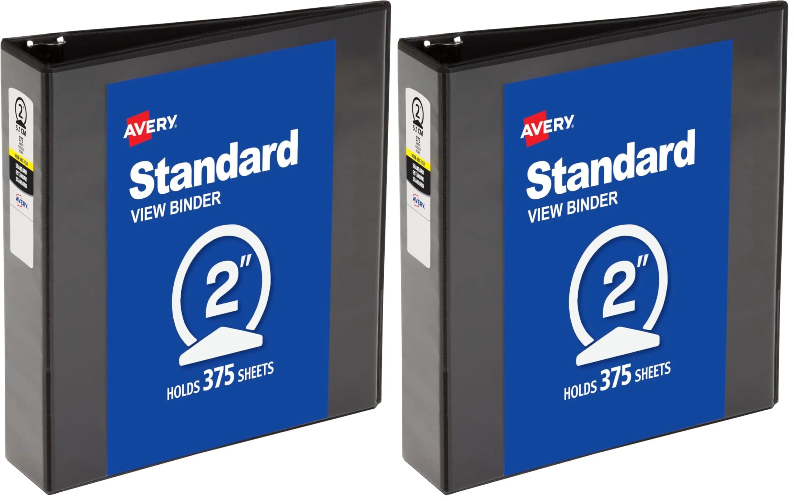Avery Standard View 3 Ring Binder, 2" Round Rings, 375-Sheet Capacity, 2.8 Inch Wide Spine, Black (Pack of 2) | Lightweight Organization & Occasional Referencing — Pack of 2
