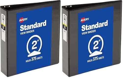 Avery Standard View 3 Ring Binder, 2" Round Rings, 375-Sheet Capacity, 2.8 Inch Wide Spine, Black (Pack of 2) | Lightweight Organization & Occasional Referencing thumbnail 1