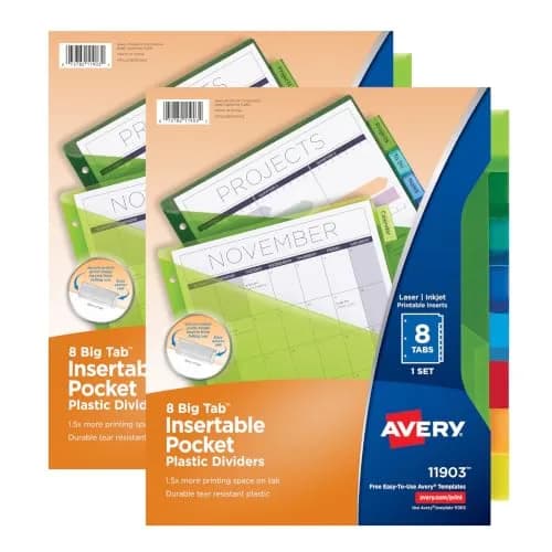 Avery Big Tab Insertable Plastic Dividers for 3 Ring Binders, 8 Tabs, Multicolor, Pack of 2 | Larger Tabs for Easy Labeling (70-120 chars) thumbnail 1