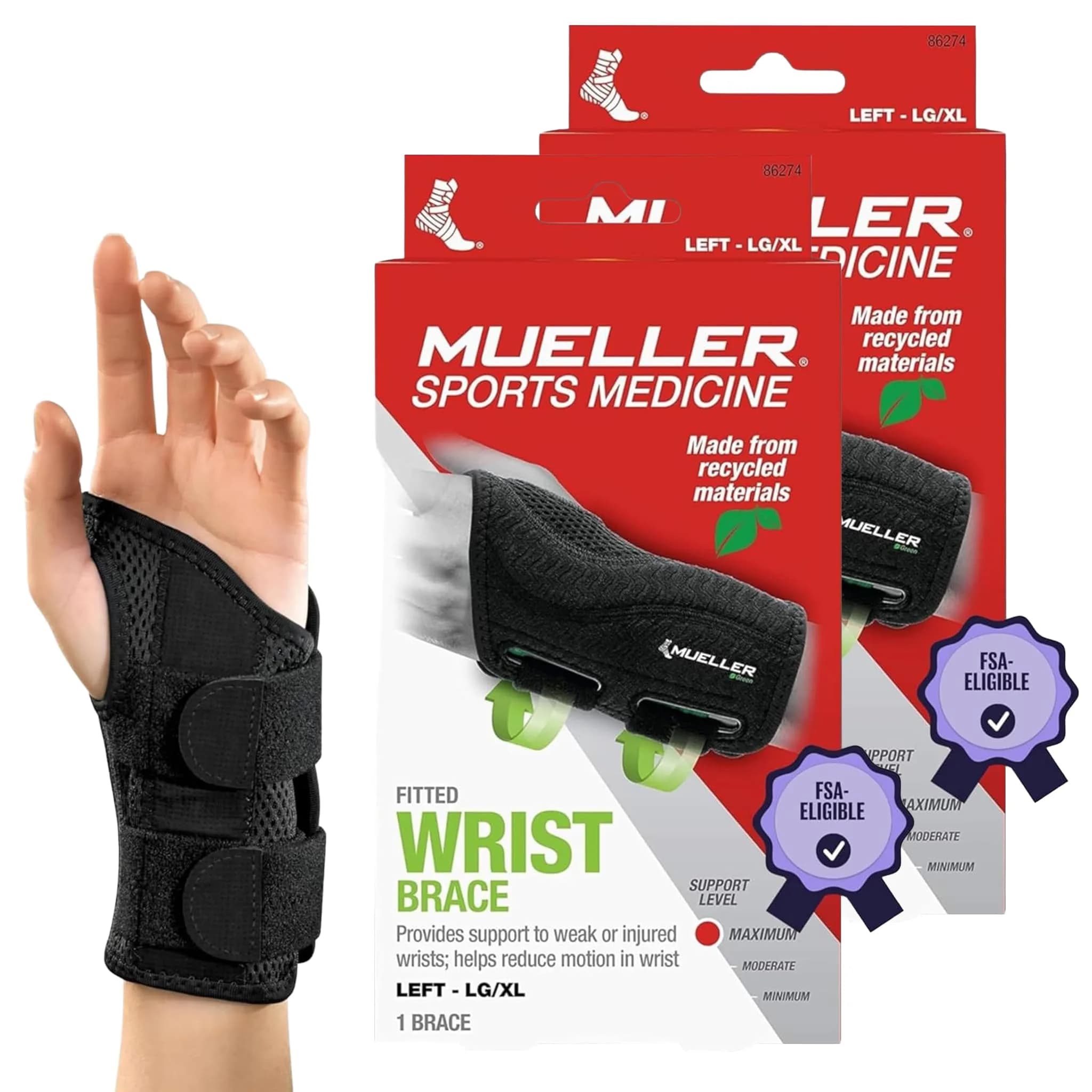 MUELLER Green Fitted Wrist Brace,Left,LG/XL (Pack of 2) | Support for Carpal Tunnel & Arthritis — Large/X-Large / Left