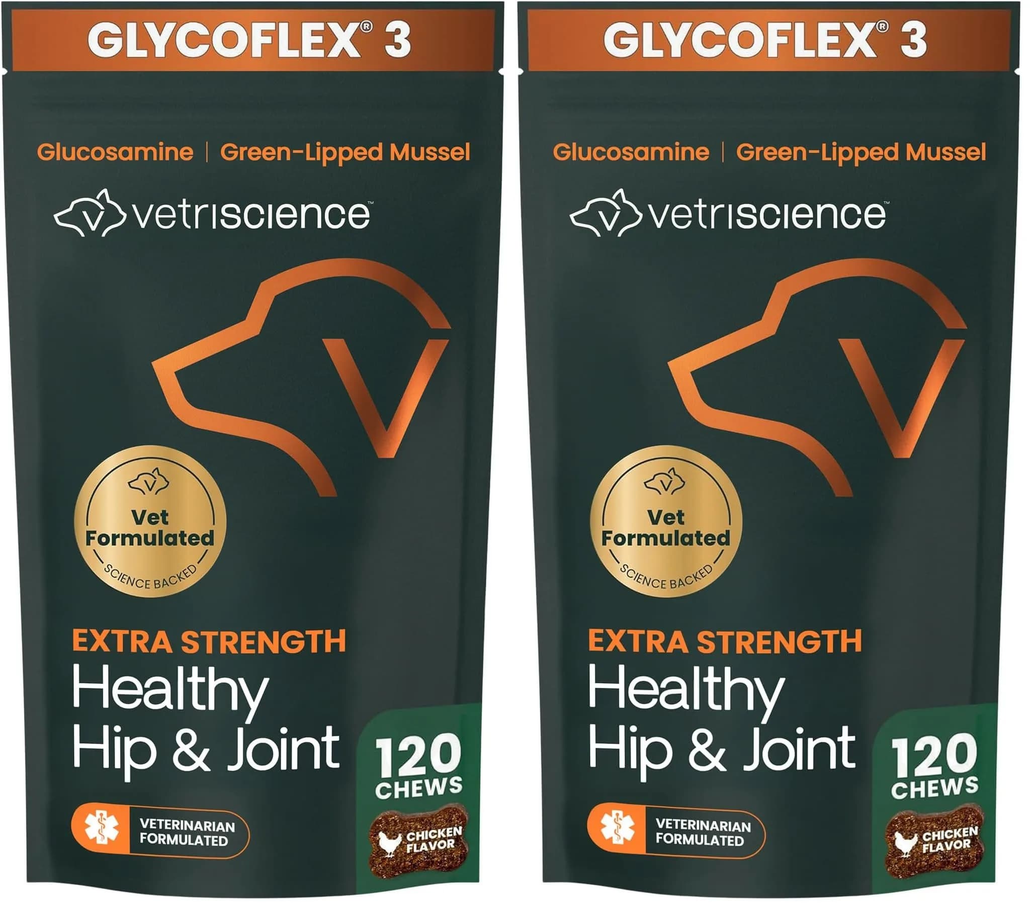 VetriScience Extra Strength Healthy Hip & Joint Chews for Dogs, 360 Chews (1080g / 2.4lb) | Vet-Formulated Mobility Support — Chicken Chews / 120 Chews