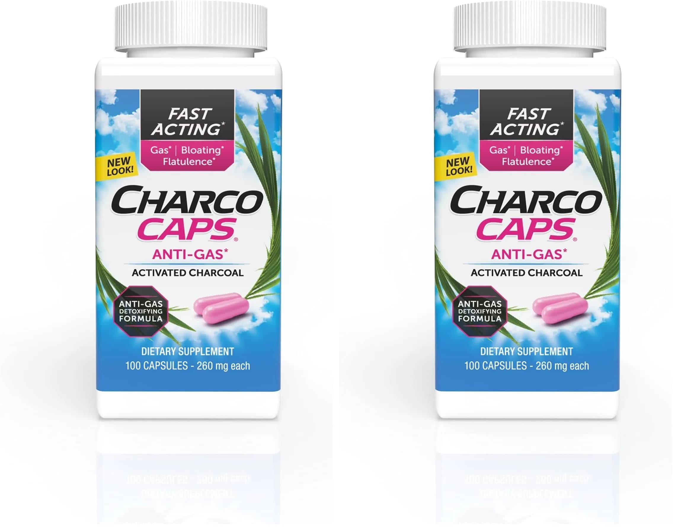 Charcocaps Fast Acting Gas Relief Activated Charcoal Capsules 200 Count (100 Count Pack of 2) | Drug-Free Detoxifying Formula for Bloating & Flatulence - main product image