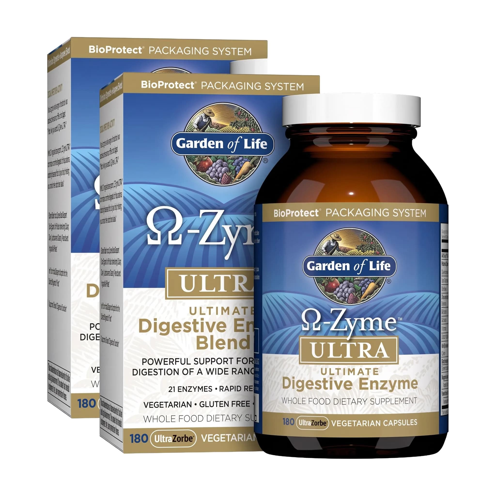 Garden of Life 21 Powerful Digestive Enzymes - Papain, Bromelain, Lipase, Ginger, Turmeric, 180 Capsules (Pack of 2) | Complete Digest Support