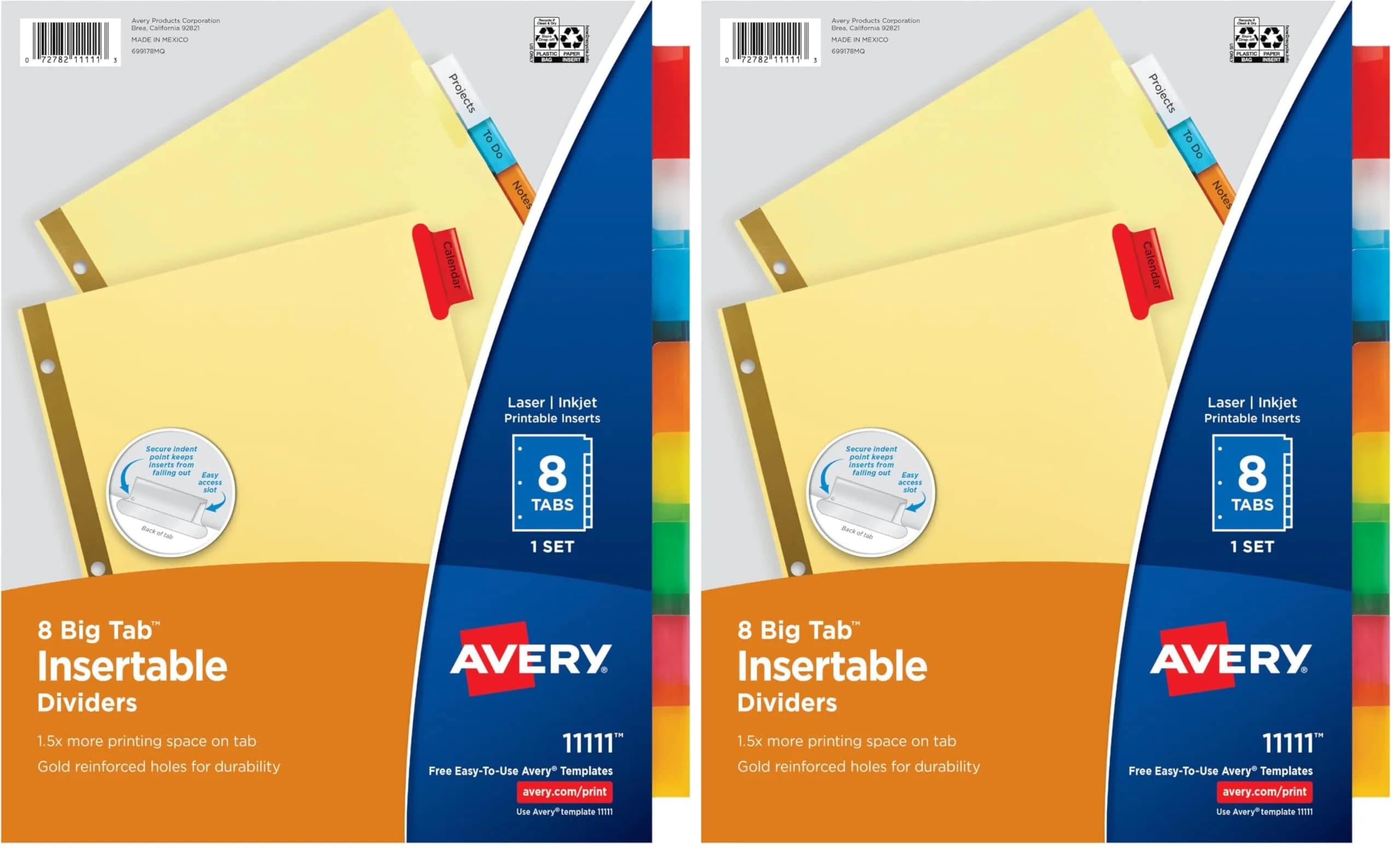 Avery Insertable Big Tab Binder Dividers, 16 Tabs (8 per set x 2 packs) | Multicolor, Gold-Reinforced Holes — 1 Set