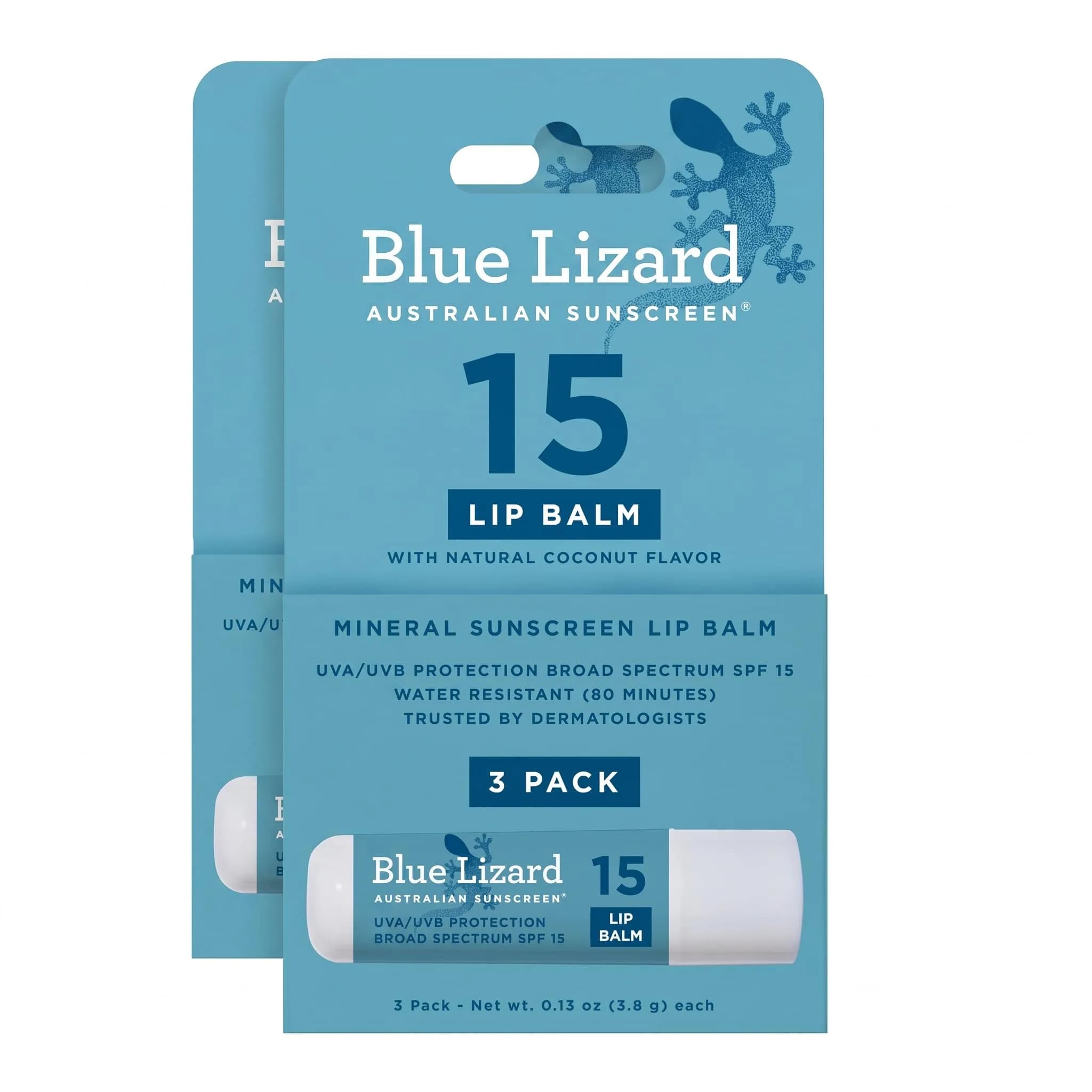 BLUE LIZARD Mineral SPF 15 Lip Balm 3-Pack | Broad Spectrum Sun Protection with Natural Coconut Flavor — Blue