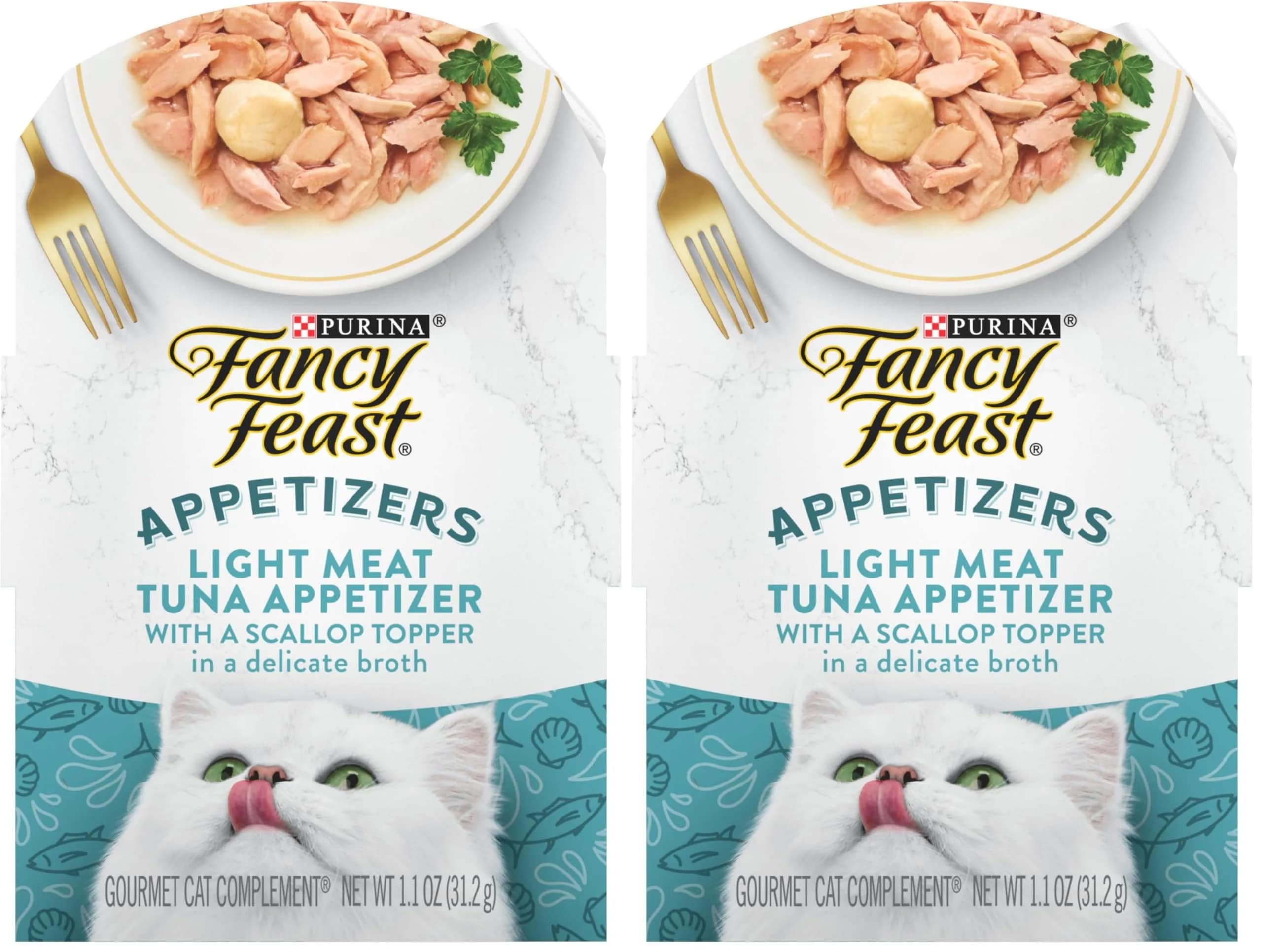 Fancy Feast Appetizers Light Meat Tuna & Scallop Cat Food Topper 1.1 oz Trays (Pack of 20) | Grain-Free Broth for Cats — Light Meat Tuna & Scallop