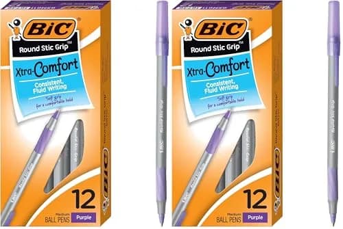 BIC Round Stic Grip Xtra Comfort Fashion Ball Point Pen Purple | 24 Pens (Pack of 2) thumbnail 1