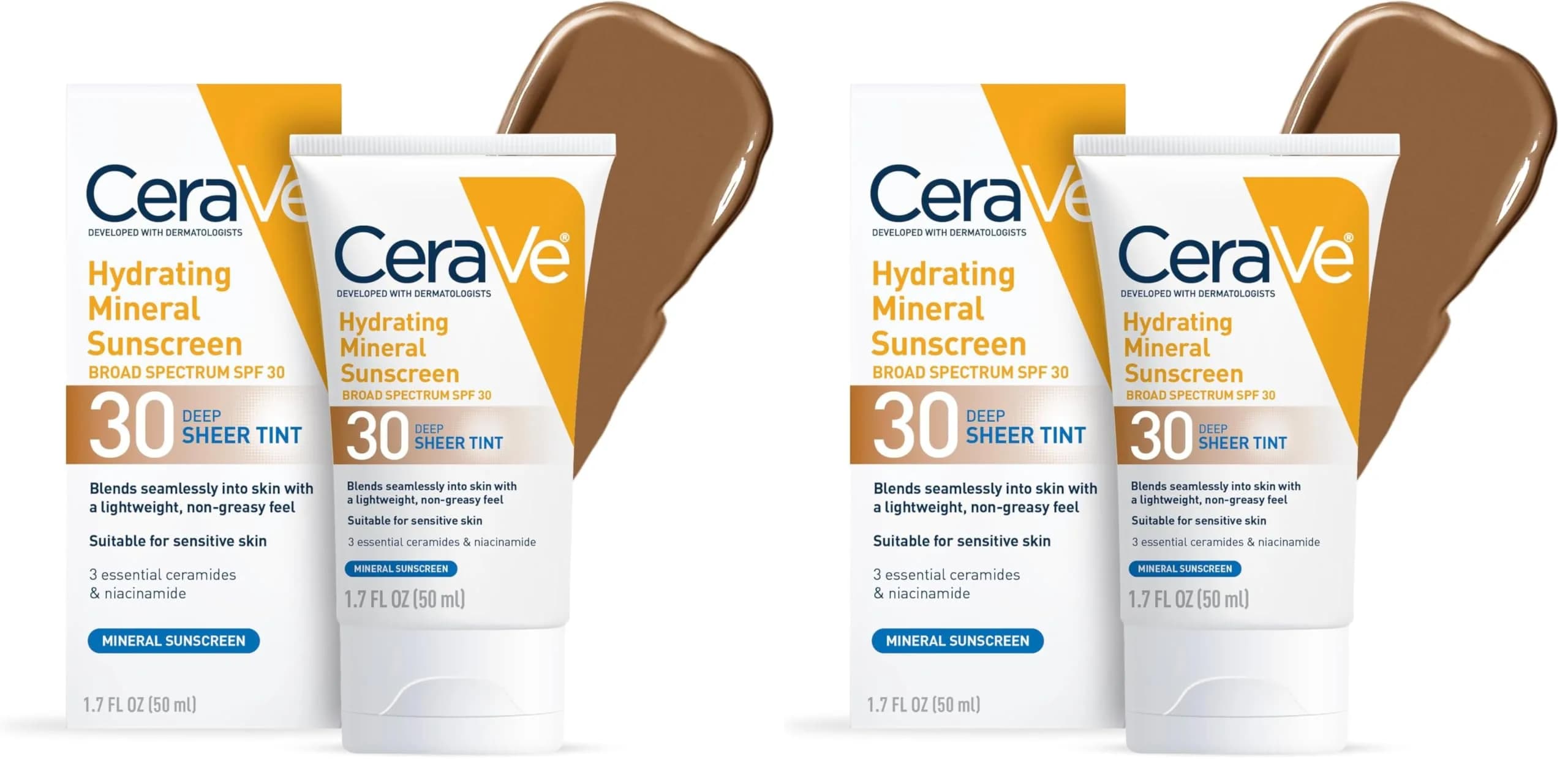 CeraVe Hydrating Mineral Sunscreen SPF 30 with Sheer Tint, Deep, 102ml (3.4 Fl Oz) | Dermatologist-Developed for Healthy Glow — Deep