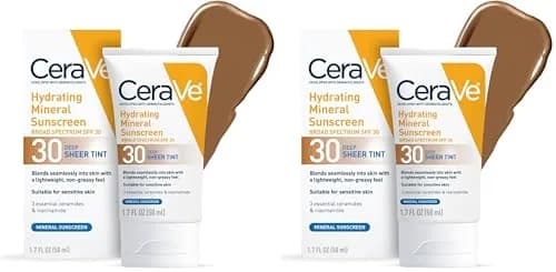CeraVe Hydrating Mineral Sunscreen SPF 30 with Sheer Tint, Deep, 102ml (3.4 Fl Oz) | Dermatologist-Developed for Healthy Glow - main product image