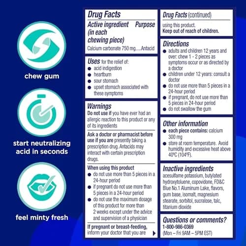 Alka-Seltzer Chewing Gum Cool Mint | Fast Heartburn Relief, Extra Strength (1 Count, Pack of 120) thumbnail 6