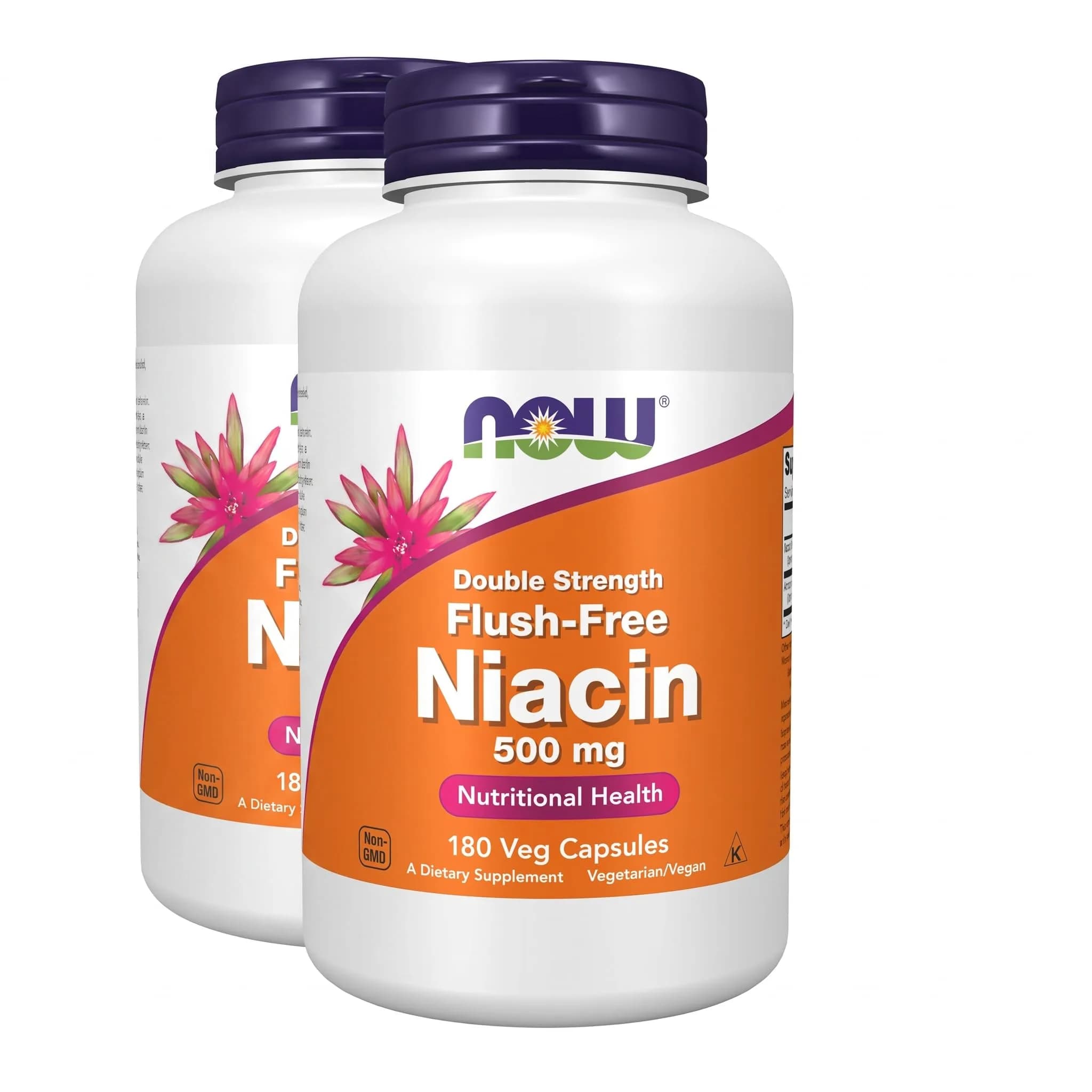 NOW Foods Niacin (Vitamin B-3) 500 mg | Flush-Free, Double Strength, 180 Veg Capsules (Pack of 2)