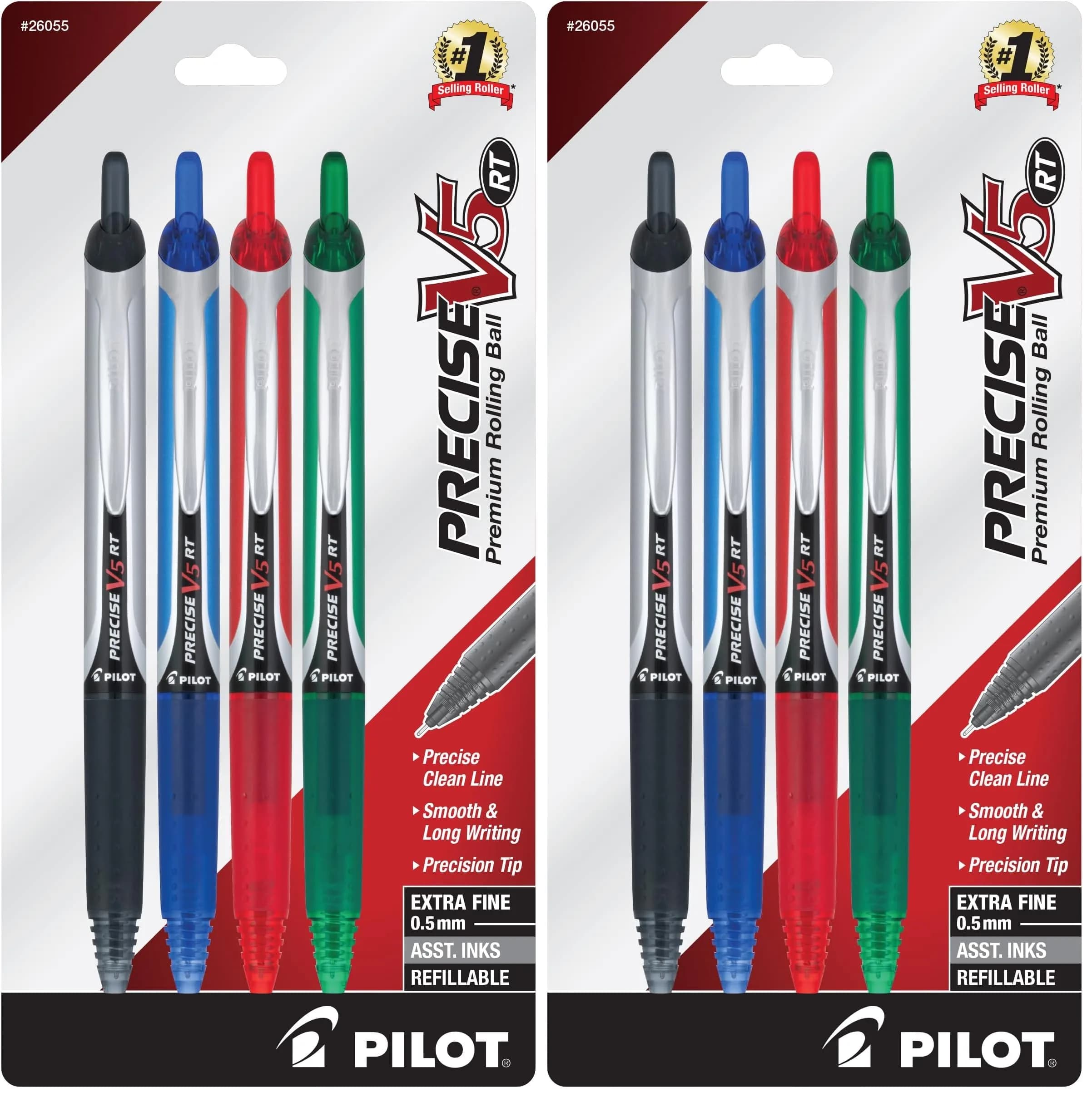 PILOT Precise V5 RT Rolling Ball Pens, 4 Count (Pack of 2) | Extra Fine Point 0.5mm, Black/Blue/Red/Green - main product image