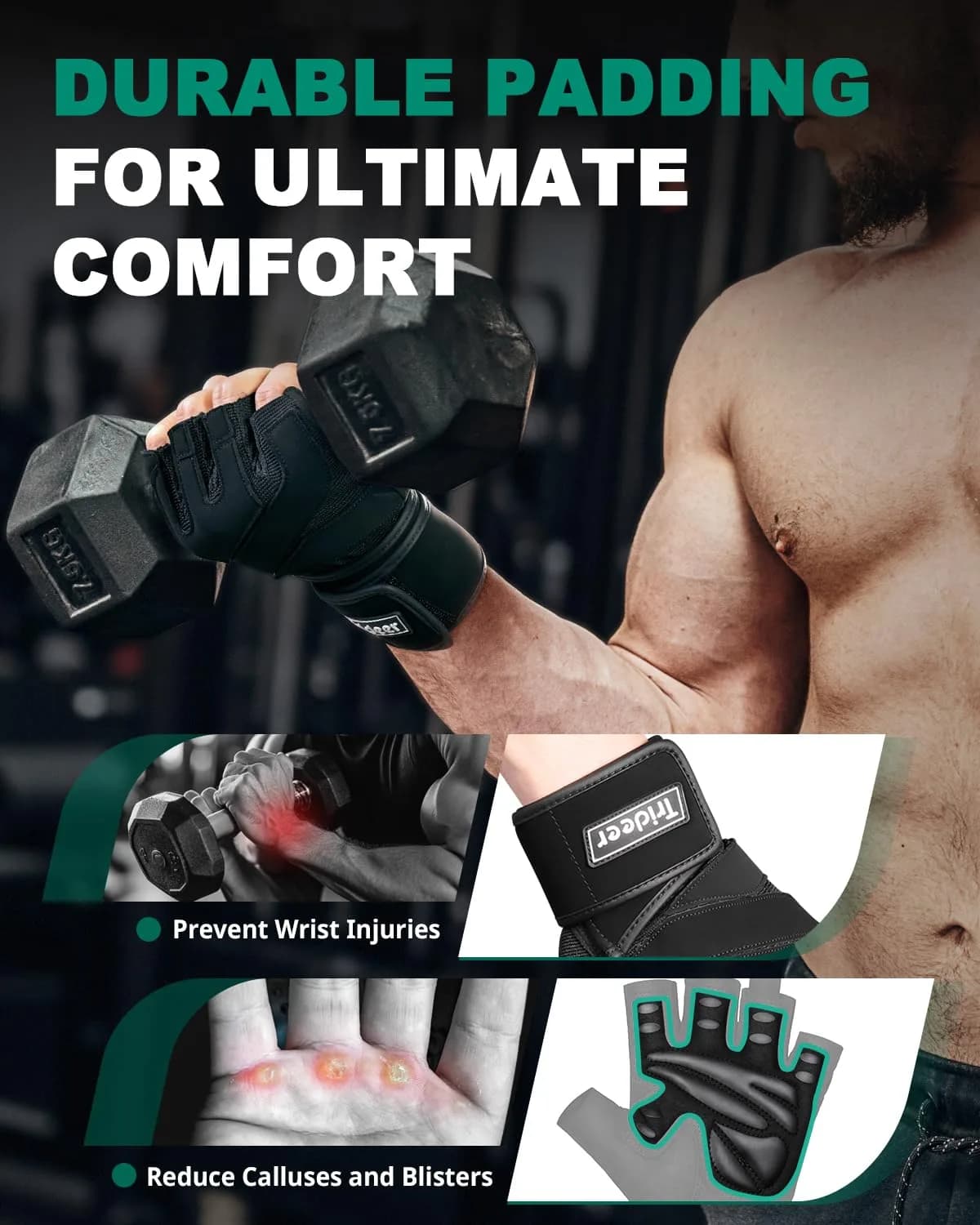 Trideer Black-Wrist Workout Gloves with Wrist Wraps - Large (Pack of 2) - view 3