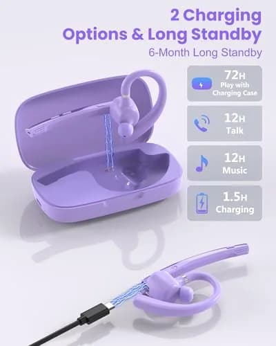 New Bee Bluetooth Headset V5.1 M54/M53 with 72H Talk Time & Dual Mic | 15m Range, Purple thumbnail 5