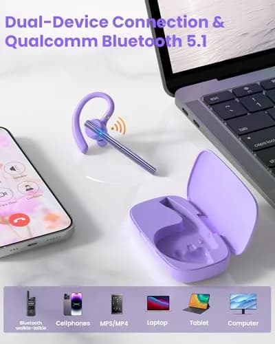New Bee Bluetooth Headset V5.1 M54/M53 with 72H Talk Time & Dual Mic | 15m Range, Purple thumbnail 6