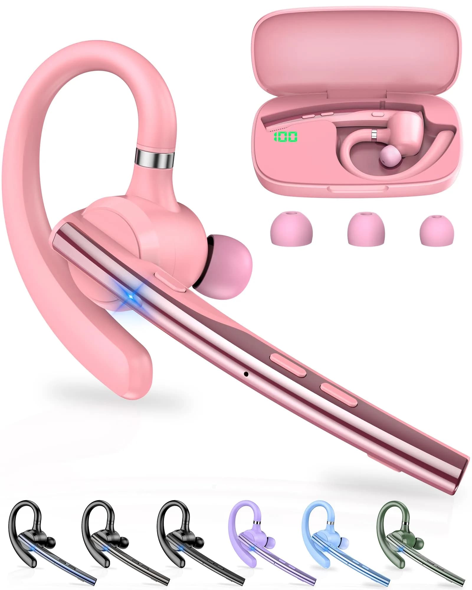 New Bee Bluetooth Headset V5.1 Pink | 72H Talk Time Dual Mic with Charging Case