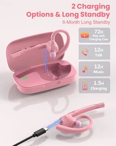 New Bee Bluetooth Headset V5.1 Pink | 72H Talk Time Dual Mic with Charging Case thumbnail 5