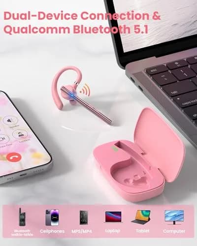 New Bee Bluetooth Headset V5.1 Pink | 72H Talk Time Dual Mic with Charging Case thumbnail 6