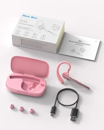 New Bee Bluetooth Headset V5.1 Pink | 72H Talk Time Dual Mic with Charging Case thumbnail 9