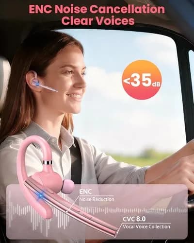 New Bee Bluetooth Headset V5.1 Pink | 72H Talk Time Dual Mic with Charging Case thumbnail 2