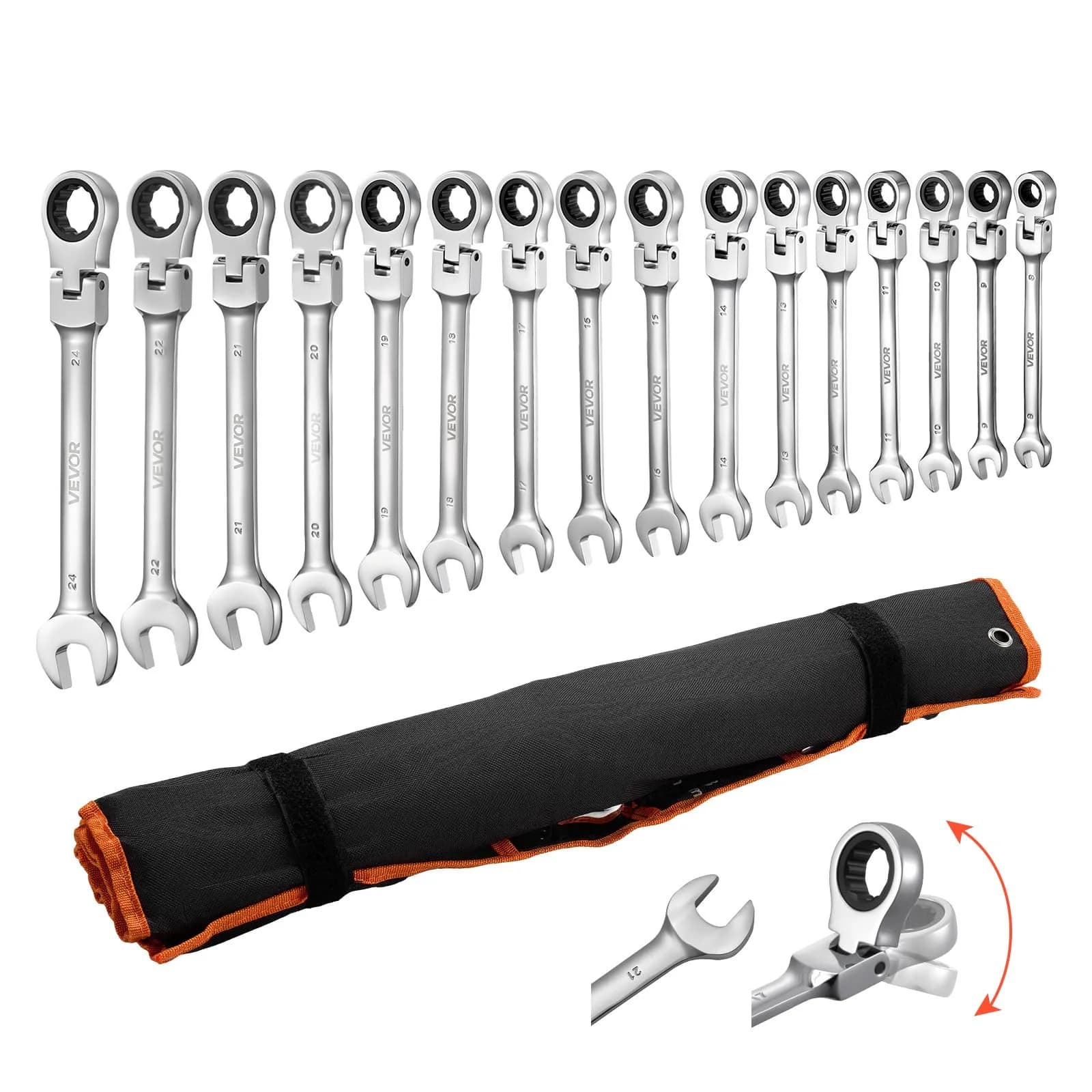 VEVOR Flex-Head Ratcheting Wrench Set, 30-Piece SAE & Metric, 72 Teeth, Cr-V Steel, for Household & Auto Repairs