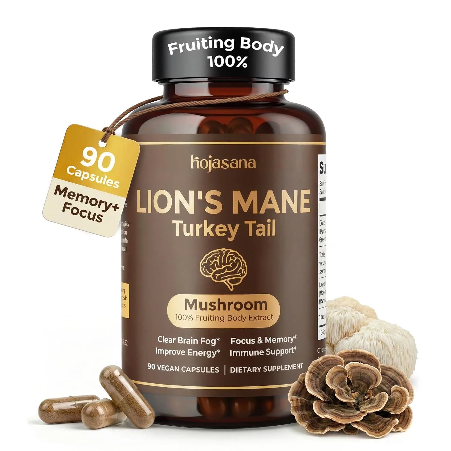 HojaSana Lions Mane Supplement Capsules with Turkey Tail, 90 Vegan Capsules | Cognitive & Immune Support