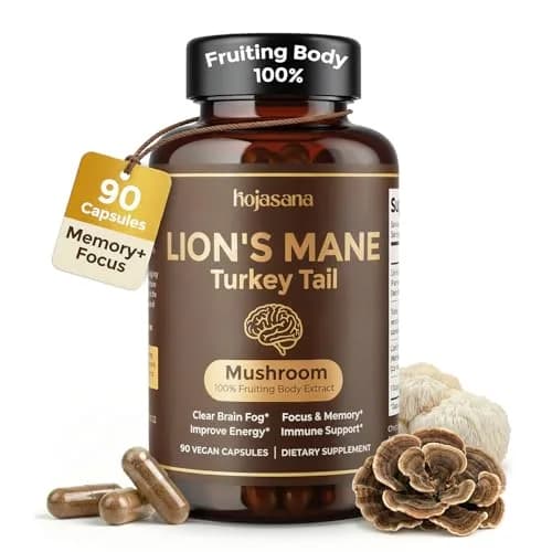 HojaSana Lions Mane Supplement Capsules with Turkey Tail, 90 Vegan Capsules | Cognitive & Immune Support thumbnail 1