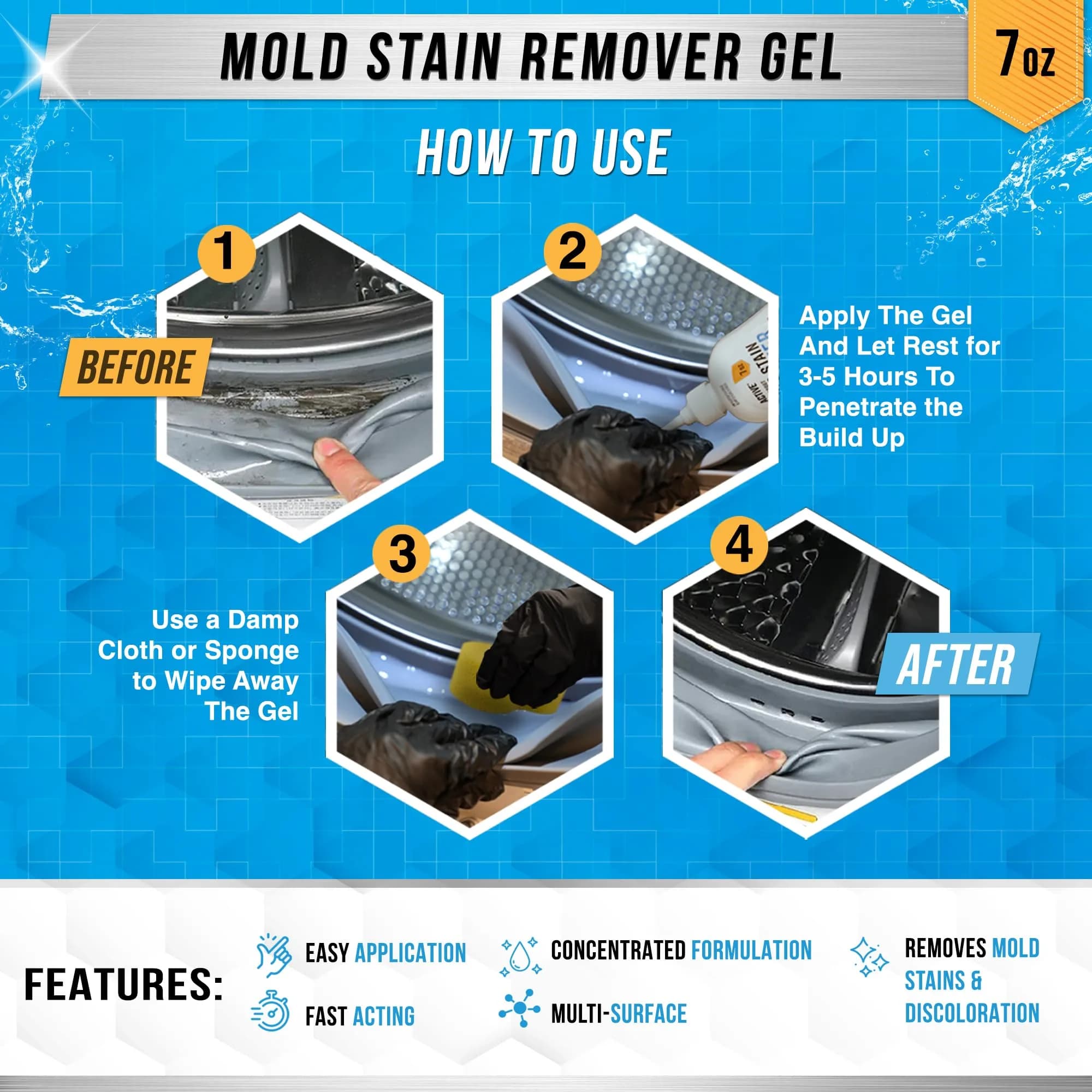 ACTIVE Mold Stain Remover Gel Cleaner for Washing Machine Seal, Grout, Shower, Caulk - 205ml (7 Fl Oz) - view 3