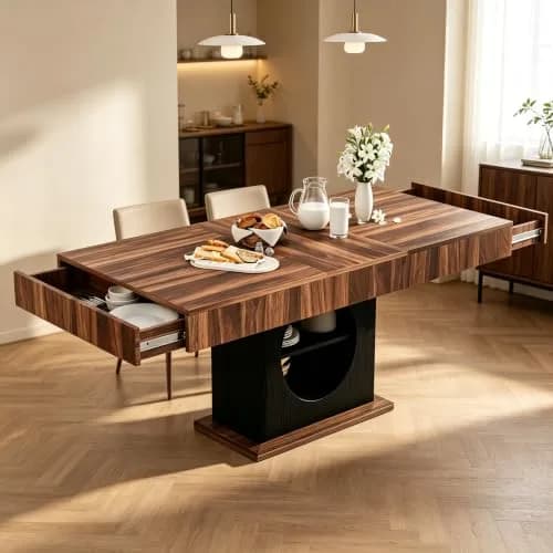 CBBPET 55" Farmhouse Dining Table for 4-6 | Walnut & Black Finish with Drawers & LED Lights thumbnail 1