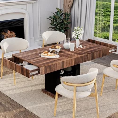CBBPET 55" Farmhouse Dining Table for 4-6 | Walnut & Black Finish with Drawers & LED Lights thumbnail 4