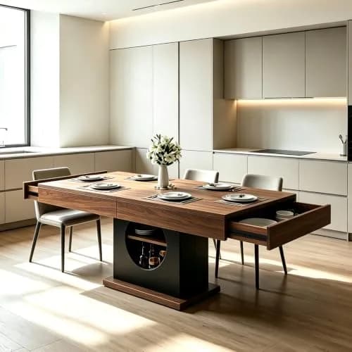 CBBPET 55" Farmhouse Dining Table for 4-6 | Walnut & Black Finish with Drawers & LED Lights thumbnail 5