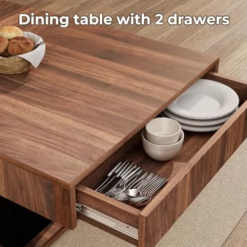 CBBPET 55" Farmhouse Dining Table for 4-6 | Walnut & Black Finish with Drawers & LED Lights thumbnail 6