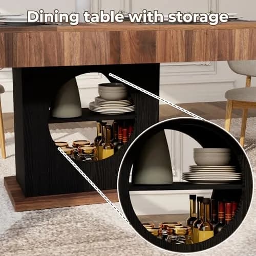 CBBPET 55" Farmhouse Dining Table for 4-6 | Walnut & Black Finish with Drawers & LED Lights thumbnail 7