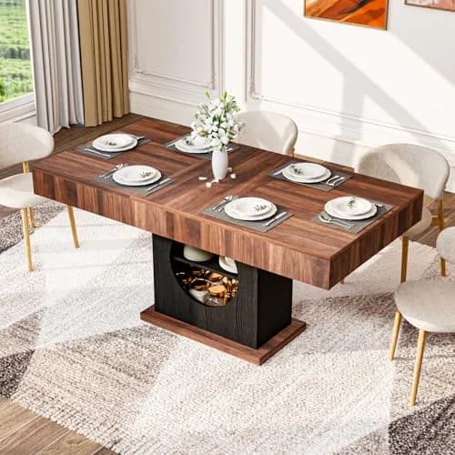 CBBPET 55" Farmhouse Dining Table for 4-6 | Walnut & Black Finish with Drawers & LED Lights thumbnail 8