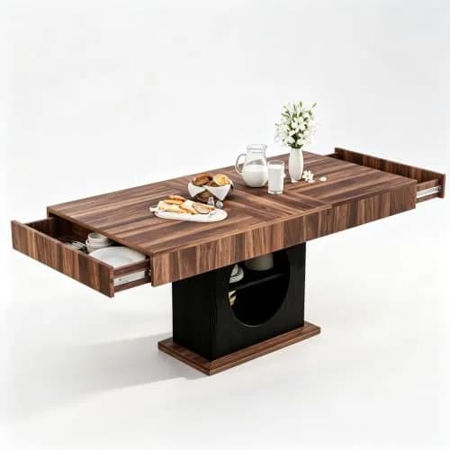 CBBPET 55" Farmhouse Dining Table for 4-6 | Walnut & Black Finish with Drawers & LED Lights thumbnail 2