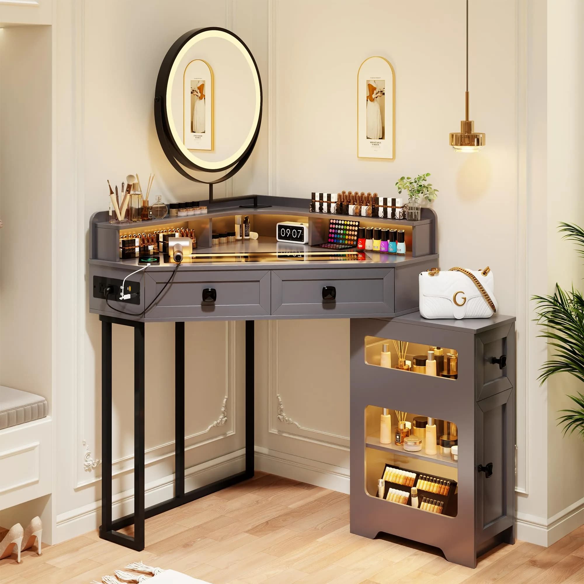 FREDEES Glass Top Makeup Vanity with Mirror and Lights | Modern Corner Design, 27.6"x 27.6"x 55.9"