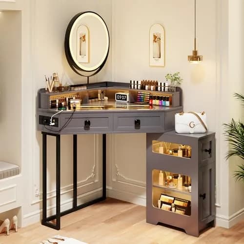 FREDEES Glass Top Makeup Vanity with Mirror and Lights | Modern Corner Design, 27.6"x 27.6"x 55.9" thumbnail 1