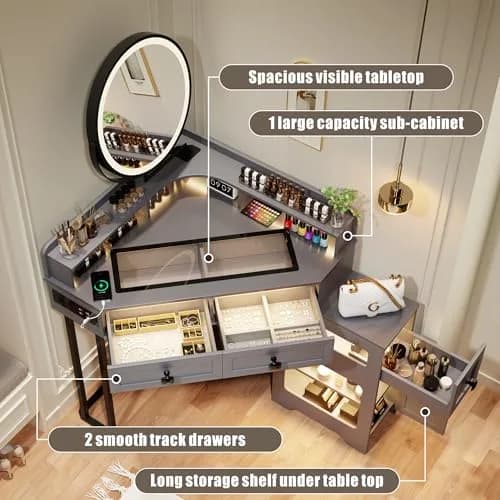 FREDEES Glass Top Makeup Vanity with Mirror and Lights | Modern Corner Design, 27.6"x 27.6"x 55.9" thumbnail 4