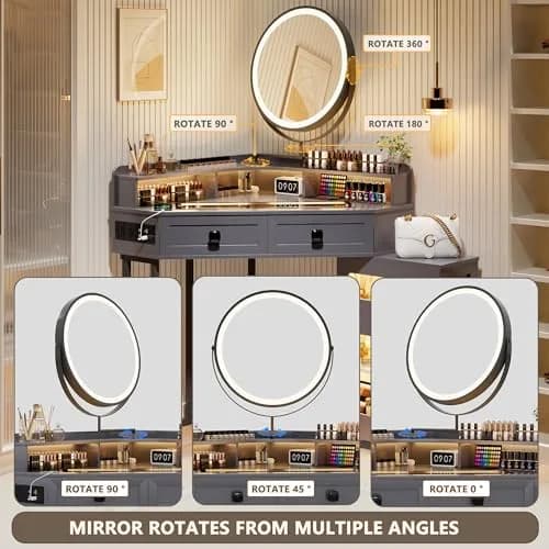 FREDEES Glass Top Makeup Vanity with Mirror and Lights | Modern Corner Design, 27.6"x 27.6"x 55.9" thumbnail 7